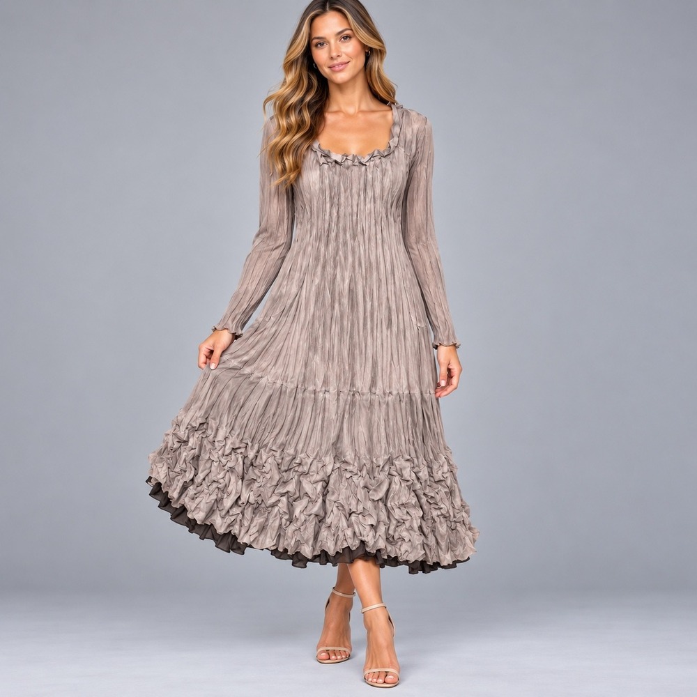 Fred Sabatier Pleated Midi Dress Womens 6 Taupe Crinkle Ruffle Long Sleeve